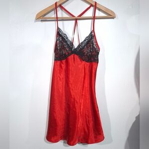 Linea Donatella Red And Black Satin  Chemise Nightgown Lace Wedding Sexy Size M